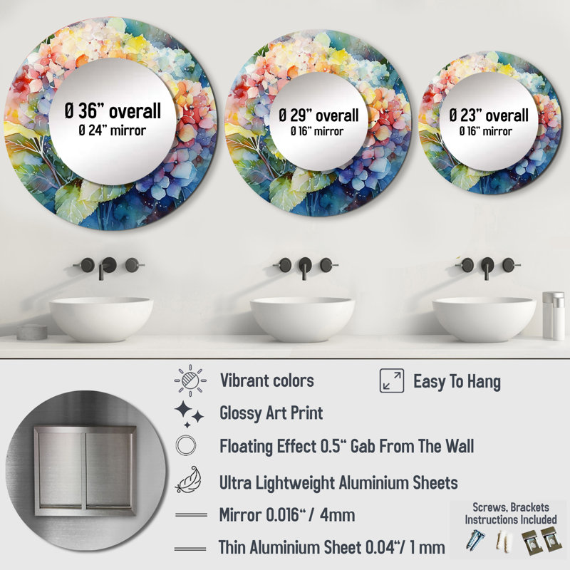 Oliviagrace Blue Green Hydreangea - Hydrangea Large Mirror, Blue Round Unique Wall Mirror Decor, Printed Metal Art, 36" x 36"