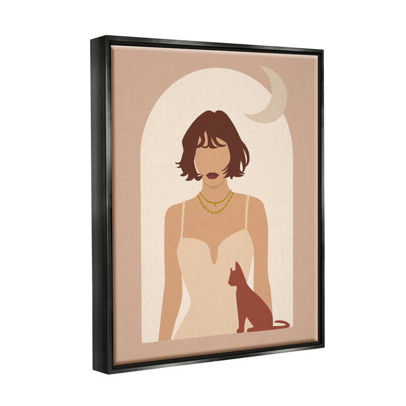 «Woman and Cat Arch Shape Cutout Moon Motif» par Birch & Ink - impression sur toile tendue, Cadre flottant noir de jais