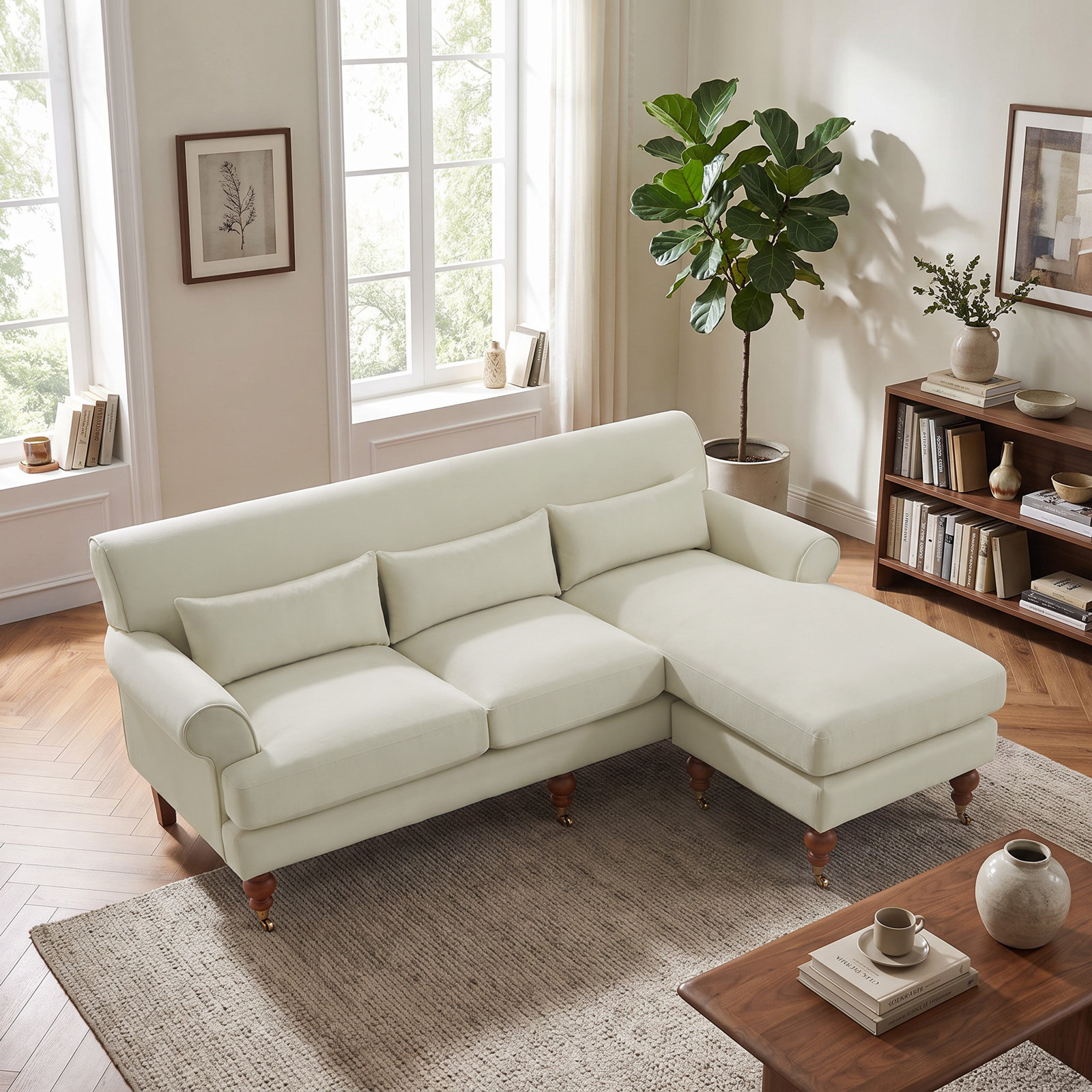 Upholstered Sectional, Ecru Velvet