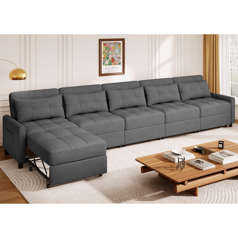 Canapé-lit modulaire fonctionnel en lin réglable avec 2 à 5 sièges et poches de rangement, 33.7" H x 136.3" W x 68.9" D, 5