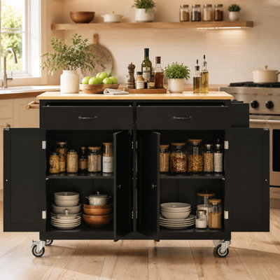 Chariot pour îlot de cuisine de 54,3 pouces de largeur avec armoire et tiroirs, 2 roulettes verrouillables, tablettes réglables