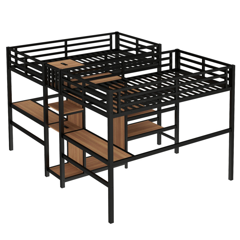 Twin Over Twin Metal Loft Bed with Double Desk and Wardrobe and Shelves with Electrical Outlet for Space Saving and Noise Reduction, woodgrain