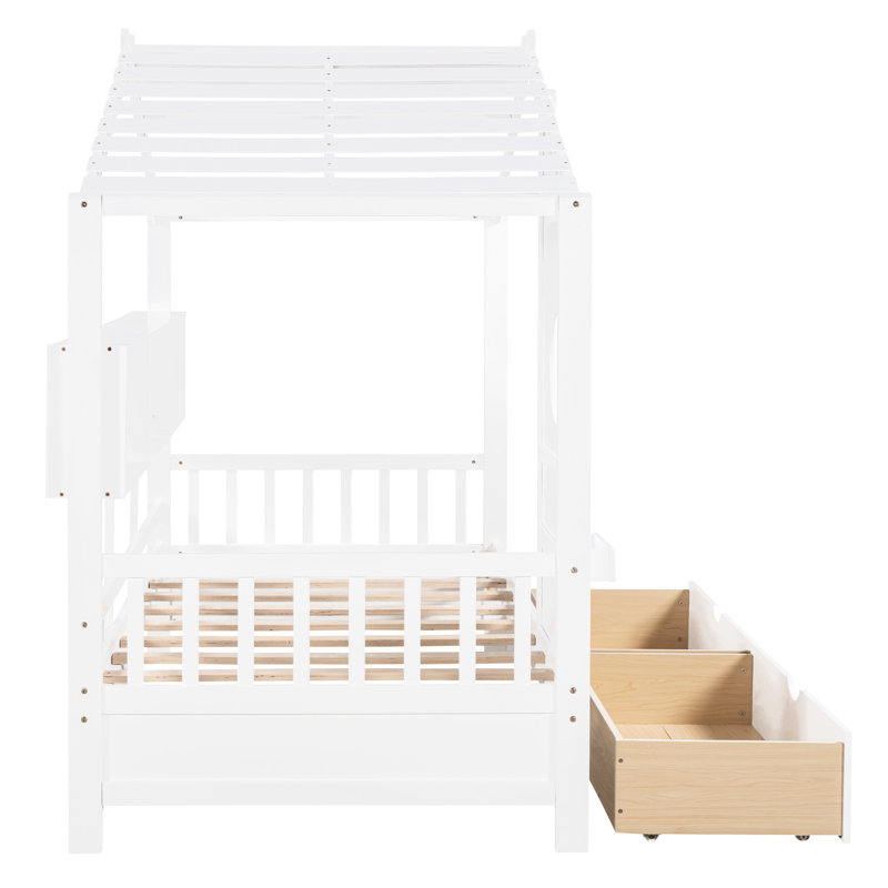 Lit simple en bois avec 2 tiroirs et une tablette, blanc, un magnifique toit de rangement pour maison blanche, semi-fermé