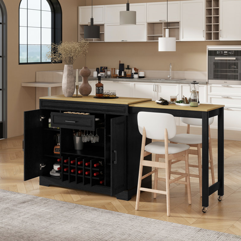 Buffet de rangement extensible avec support à vin et porte-verres de 43,3 à 87,4 pouces Flux, Black;Natural