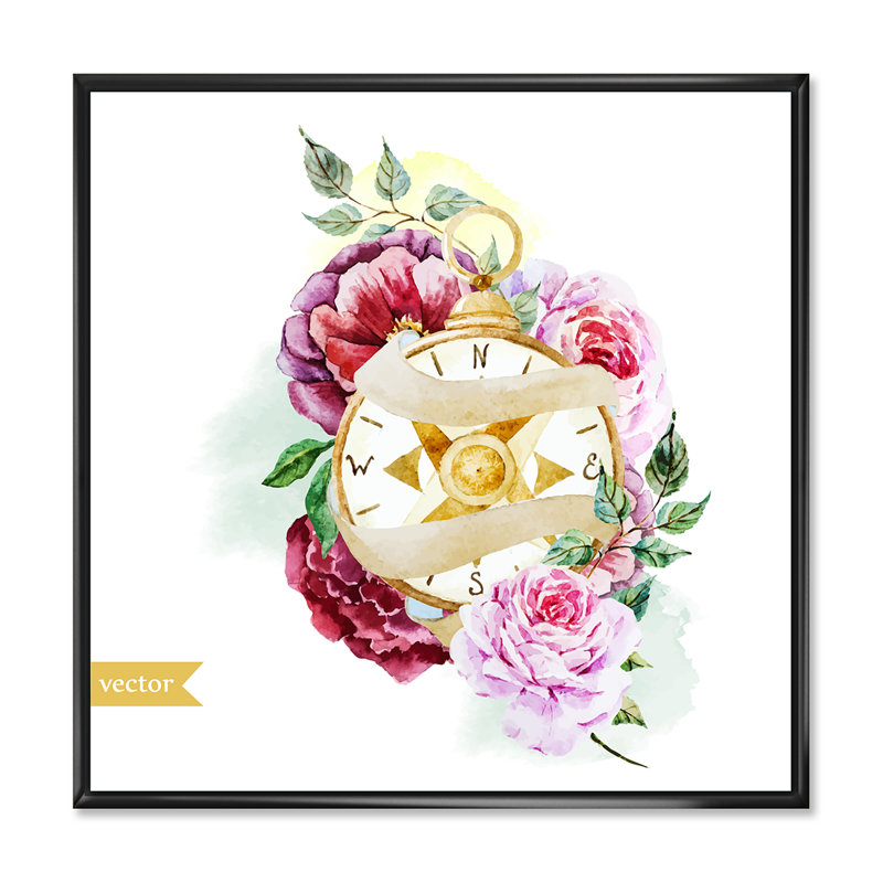 Boussole de fleurs - peinture sur toile, H 30 po x l 30 po x P 1 po, Toile avec cadre noir