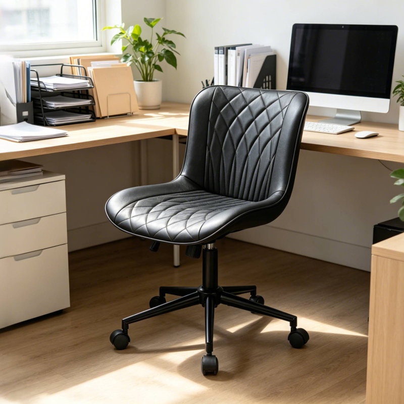 Chaise de bureau pivotante réglable en cuir sans accoudoirs avec base en métal