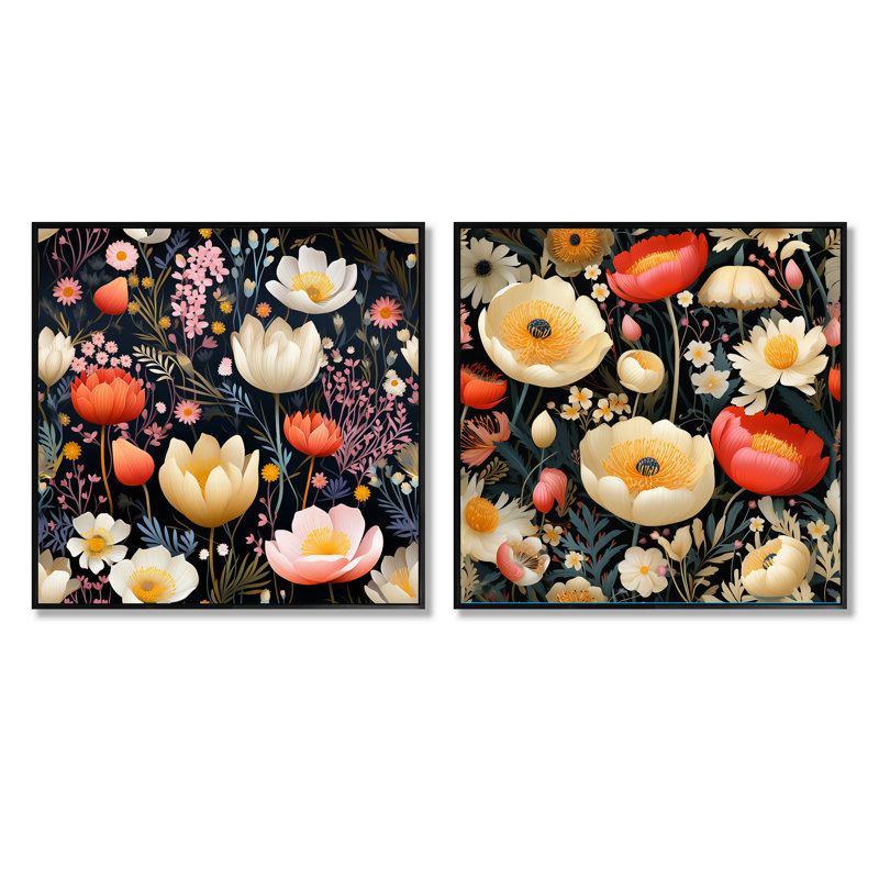 Philomena - Ensemble de 2 collages carrés botaniques abstraits, Cadre flottant noir, H 16 po x l 33 po