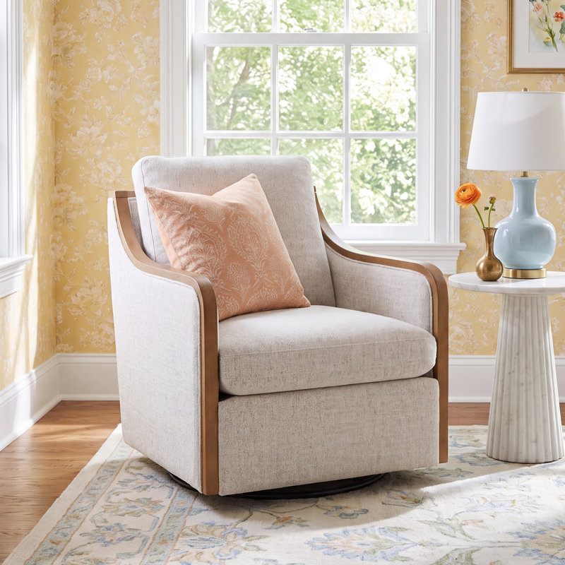 Grayton Oversized Upholstered Swivel Barrel Chair, Nathan Wheat Performance Tweed