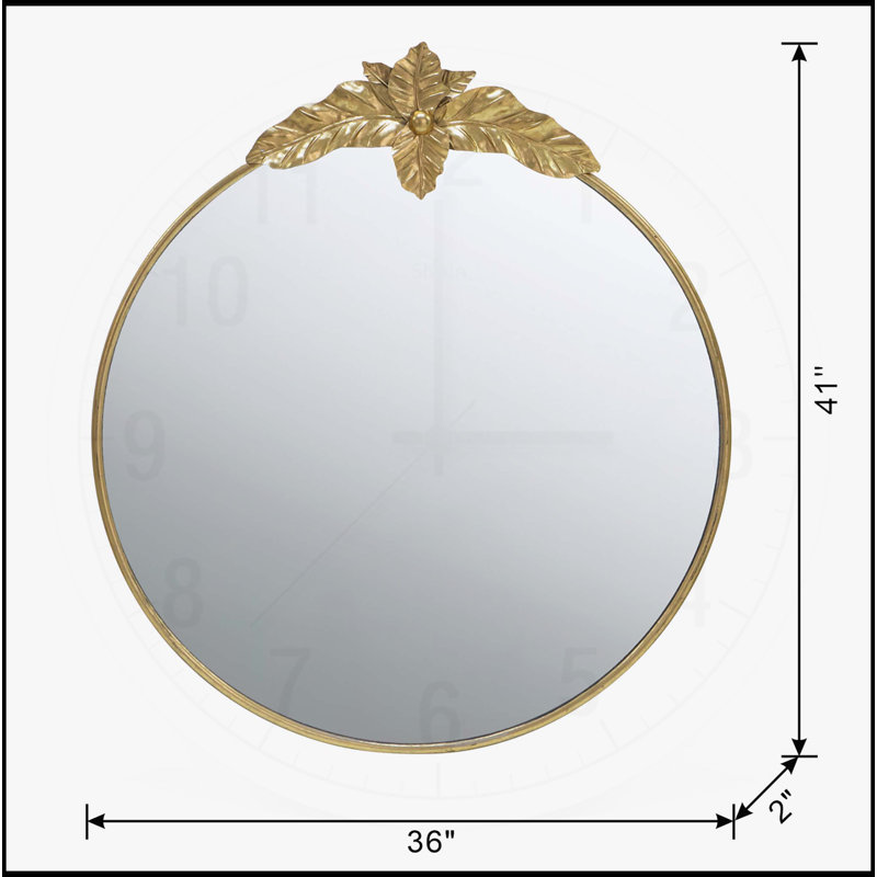 Grand miroir mural rond avec cadre en métal doré et ornement inspiré de la nature