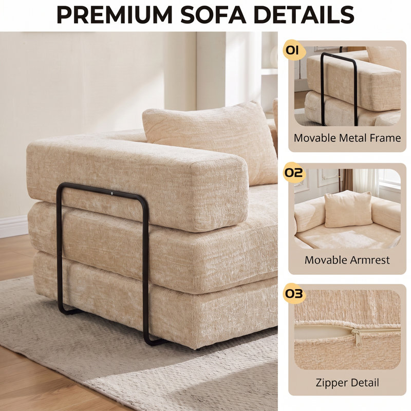 Heron 78.7" Convertible Floor Sofa Bed, Modular Chenille Loveseat Sleeper Couch, Boneless Compression Sectional Sofa for Living Room, Bedroom, Studio, No Assembly Required