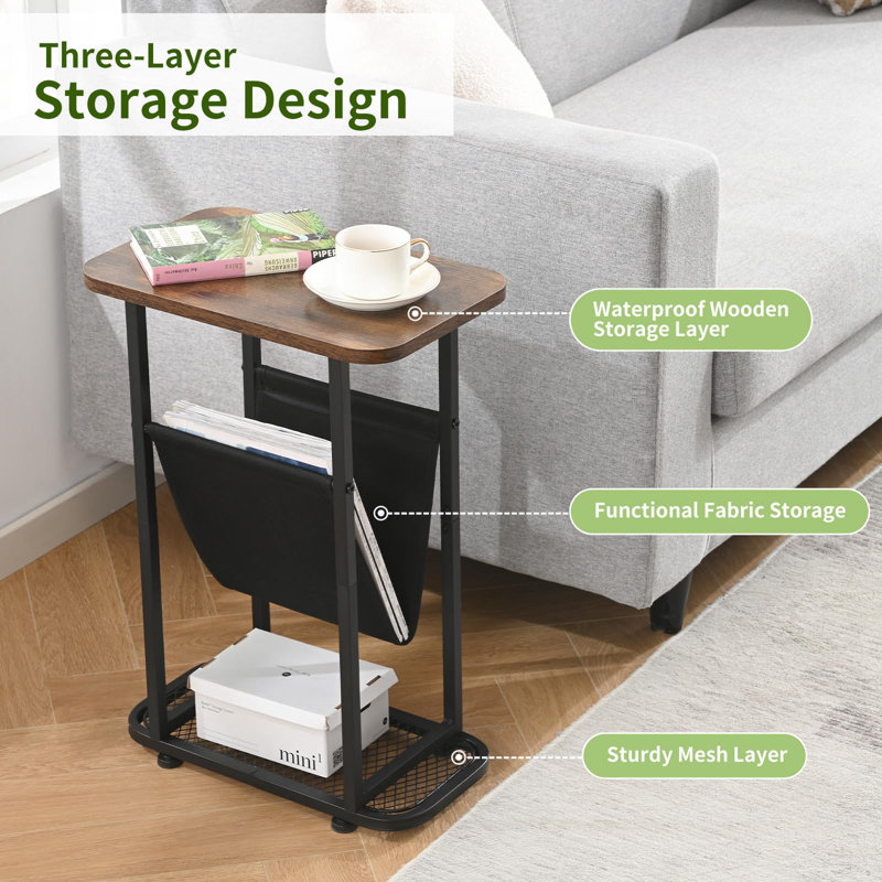 Narrow End Tables With Magazine Rack Mesh Shelves, Small Side Table With Storage, Bedside Couch Table Skinny Nightstand, Rustic Brown