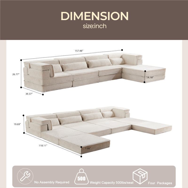 Compression Mahjong Sofa,Convertible Floor Sofa Bed,DIY Boneless Modular Sectional Sofa,No Assembly Required,Circle Fleece Fabric,Oversized 4 Seater With 1 Ottoman