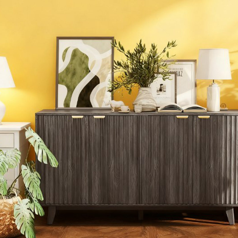 Fluted Sideboard Buffet Cabinet,with Doors,Adjustable Shelves,Wood Legs, Dark Gray