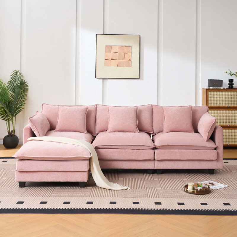 Canapé modulaire en L avec repose-pieds convertible, Tissu - Rose