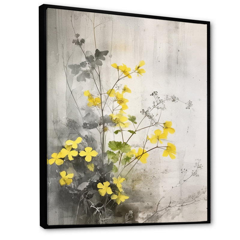 Jardin aux herbes jaune et gris, Cadre flottant noir, H 44 po x l 34 po x P 1,5 po