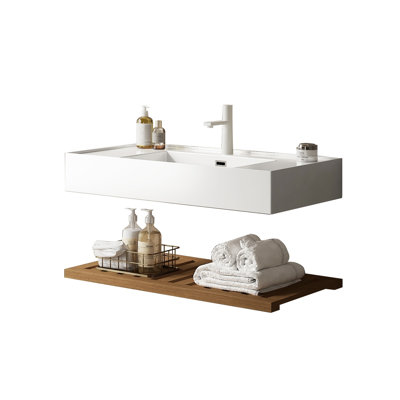 Lavabo vasque de salle de bain 36 po - Lavabo rectangulaire blanc en acrylique, tablettes en noyer foncé, idée de rangement élégante flottant avec style contemporain
