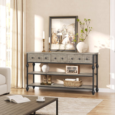 Console étroite 52,5 po pour hall d'entrée, gris | 3 tiroirs de rangement et 2 tablettes ouvertes, pieds à colonnes romaines, maison de ferme industrielle, pour le salon, le couloir ou le vestibule