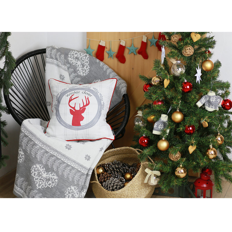 Festive Red and Gray Deer Print 18" Square Pillow Cover