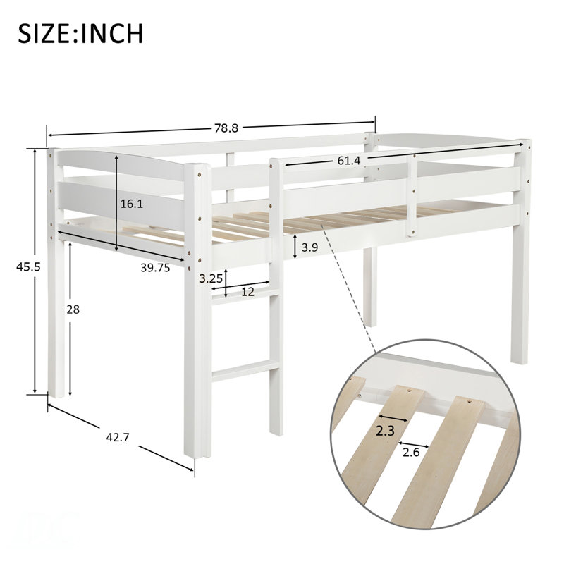Lit simple mezzanine en bois Lit mezzanine bas avec échelle, lit simple, Blanc