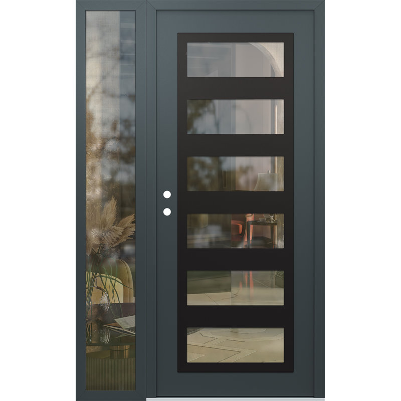 C9 droite 52 po X 80 po Panneau d'entrée en verre noir anthracite et anthracite à panneau avec porte d'entrée pré-montée en verre Sidelite