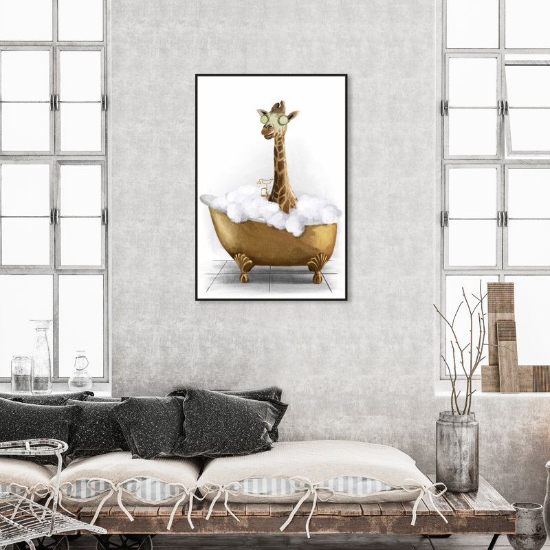 Bathtime Giraffe - Peinture sur toile, Toile encadrée, H 15 po x l 10 po, Noir
