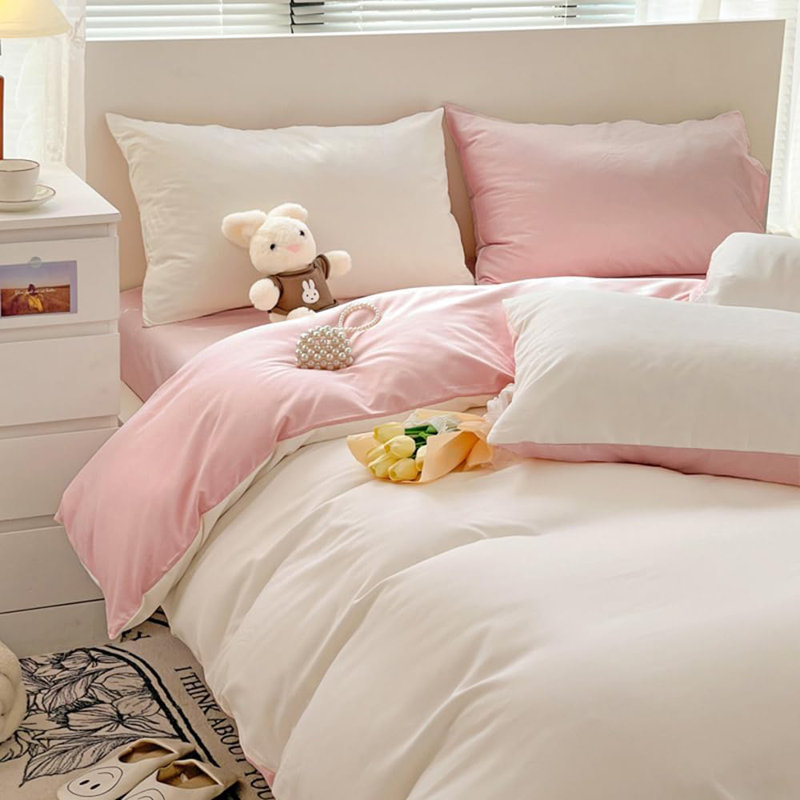 Ensemble de literie réversible en duvet rose et blanc uni en microfibre douce et respirante