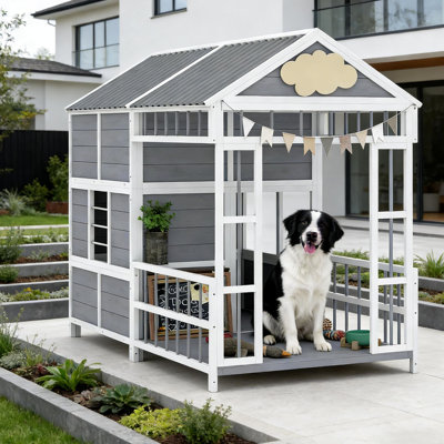 Niche pour chien spacieuse avec porche confortable, armoire de rangement, fenêtres multiples et tout-temps pour les canines de grande taille jusqu'à 66 livres