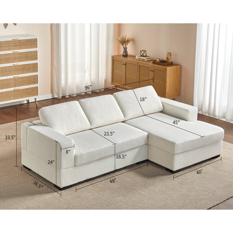 Oversized White Corduroy Three-Piece Sleeper Sectional Sofa