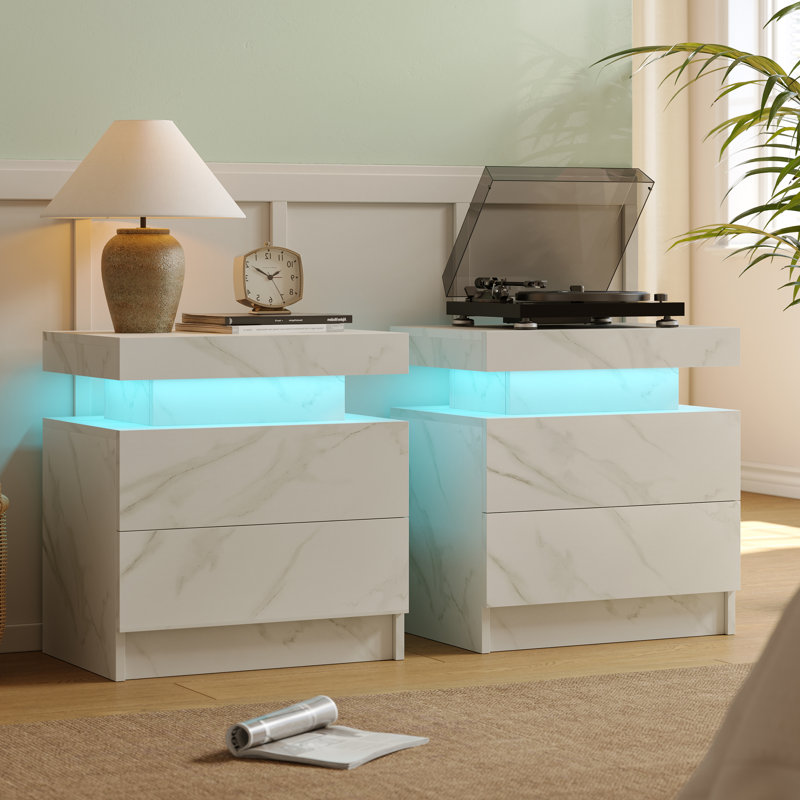 LED Nightstand with 2 Drawers - Small Space Solutions, Grey/White