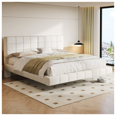 King Size White Boucle Floating Bed Frame with LED Light Strip & Anti-Collision Design, Modern Upholstered Platform Bed