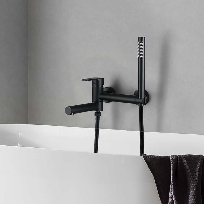 Wall-Mounted 2-Function Bathtub Faucet With Hand Shower And Rotatable Spout, Matte Black