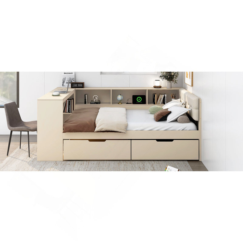 Lit plateforme en bois avec tablettes de rangement, tiroirs, station de charge et tête de lit tapissier, Lit double, Crème