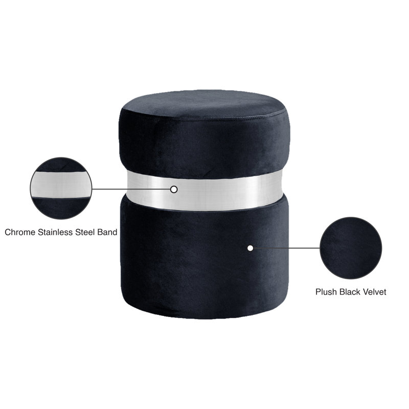 Hailey 14.5" Wide Velvet Round Cocktail Ottoman, Black Velvet, Chrome