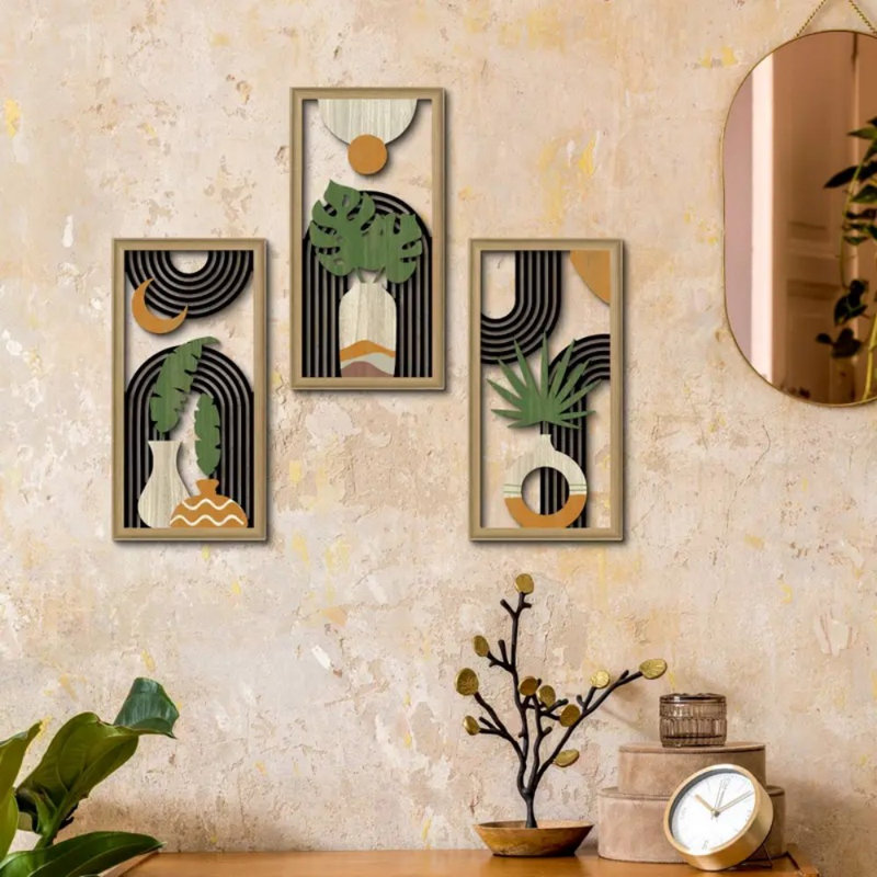 Ensemble de 3 pièces d'art mural en bois bohémien, vase abstrait, décor de maison de campagne pour salon, chambre à coucher, studio de bureau - Boho