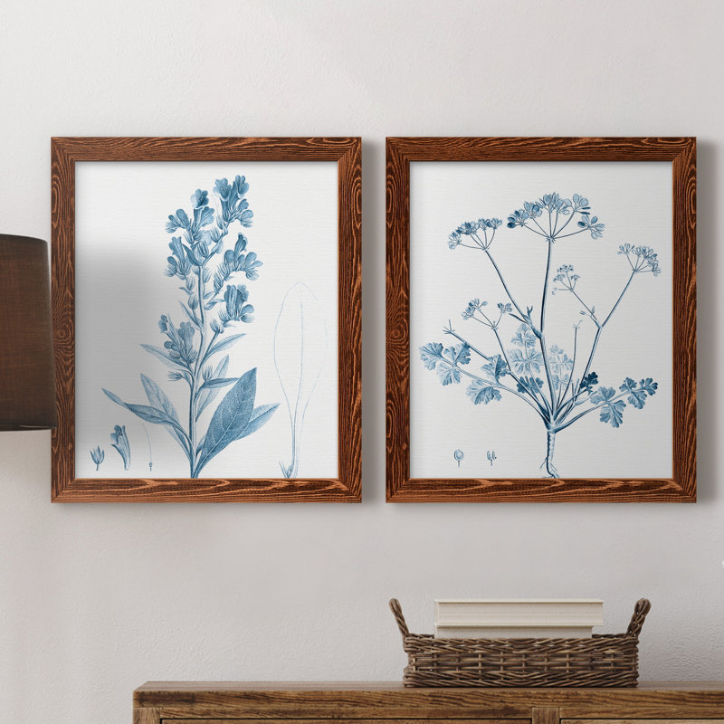 "Antique Botanical In Blue III", ensemble de 2 peintures sur toile encadrées, Toile avec cadre érable
