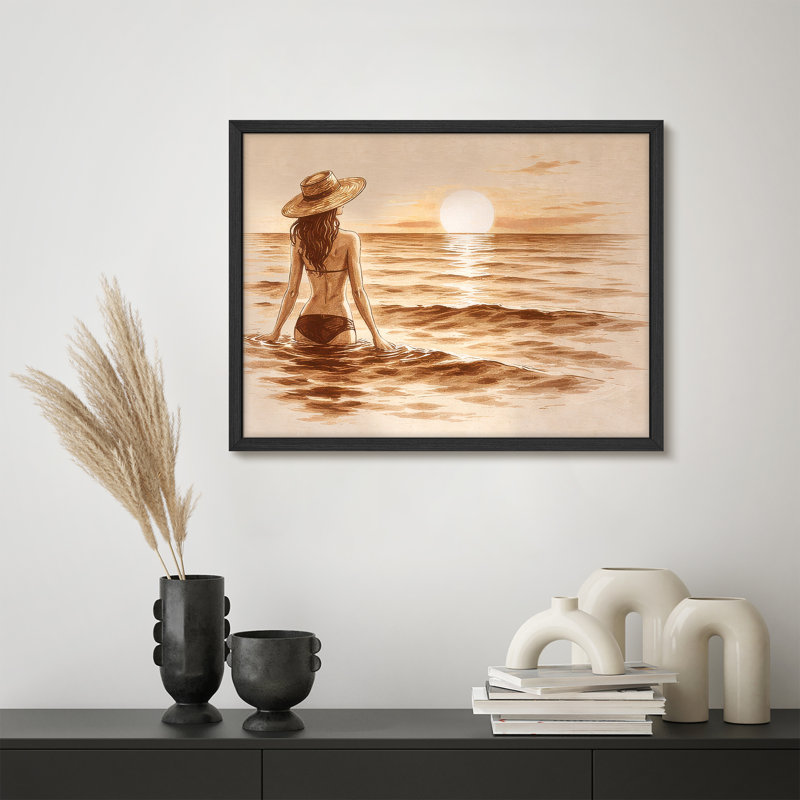Reproduction d'art encadrée de coucher de soleil vintage encadrée - vue côtière chaleureuse pour le salon, H 11 po x l 14 po