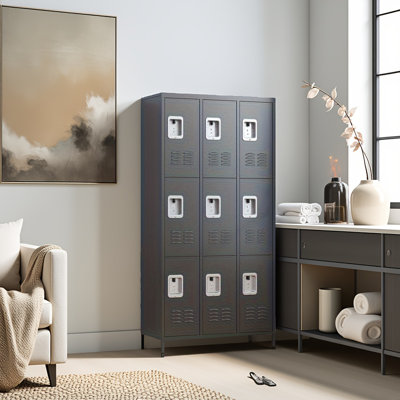 Armoire de rangement à 9 portes en métal gris avec serrures, casier autoportant de 72 po pour les employés, l'école, le bureau, la salle de sport et la maison