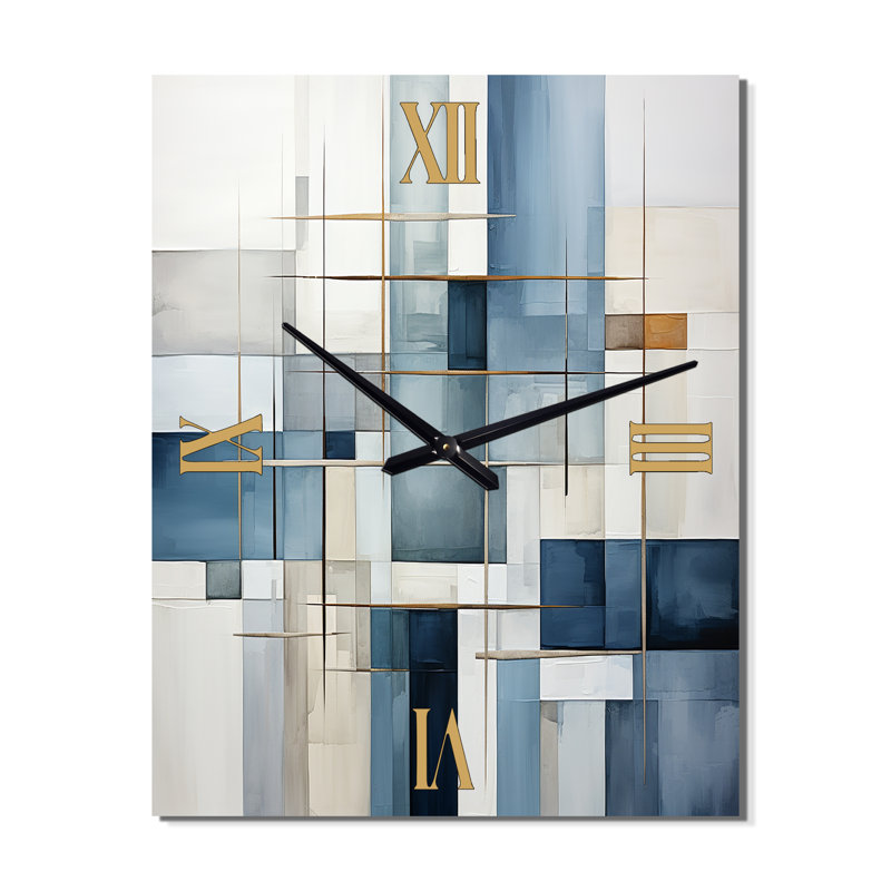 Horloge murale abstraite géométrique bleue et grise I, Médium