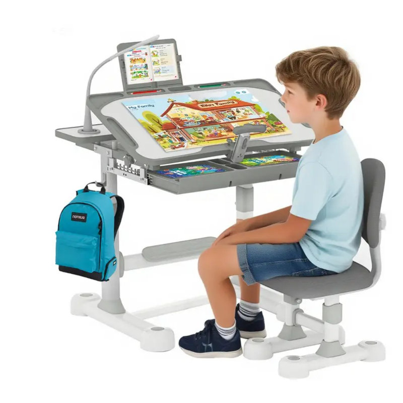 Ensemble multifonctionnel de table et de chaises pour enfants, avec hauteur réglable, tiroir de rangement, plateau inclinable réglable, bibliothèque et éclairage à DEL, adapté à l'écriture, à la lecture et au dessin, indispensable pour étudier à la maison, idéal comme cadeau