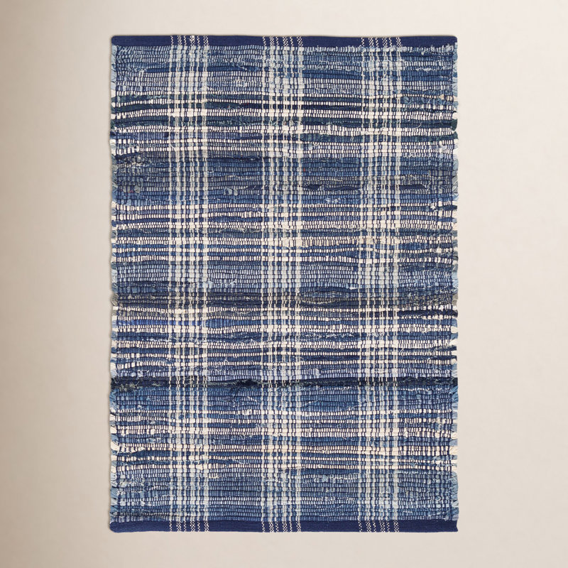 Denim Plaid Handwoven Cotton Rug, Rectangle 7'6" x 9'6"