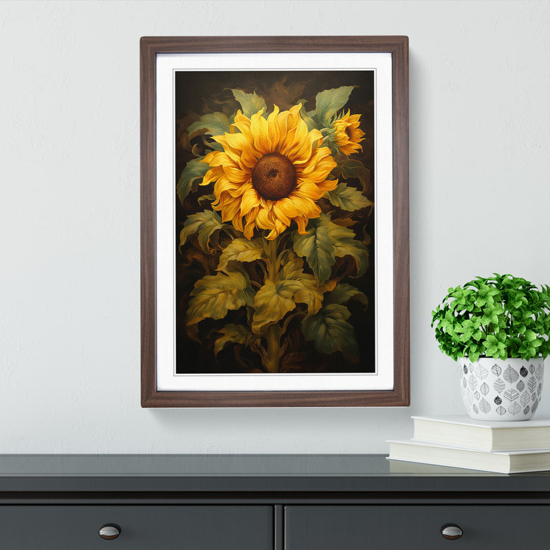 XYZ-FRM-V1223-1596 Sunflower Classicism - Single Picture Frame Print on Wood, 46cm H x 34cm W x 2cm D, Walnut