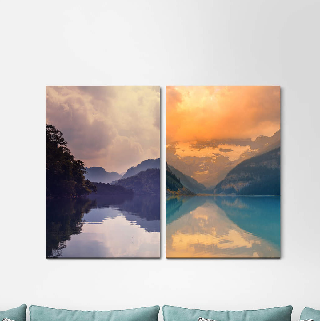 2-tlg. Leinwandbilder-Set - Fotografie "Berge See Spiegelung Klarheit Wolken Natur Stille"