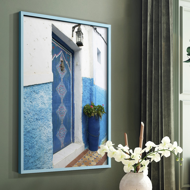 Porte marocaine, reproduction encadrée - bois massif, Bleu, H 10 po x l 8 po