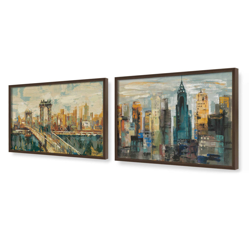 Ensemble de 2 impressions City Skylines, 24 po x 18 po, Impression encadrée, Brun Belvinder
