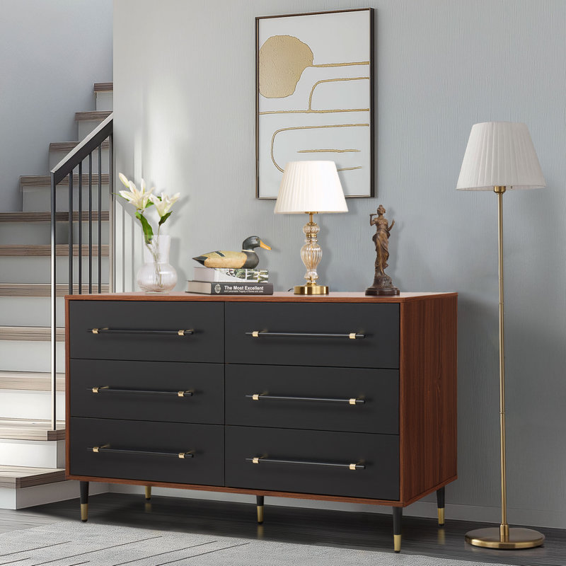 Commode 6 tiroirs Mid-Century moderne avec tiroirs noirs