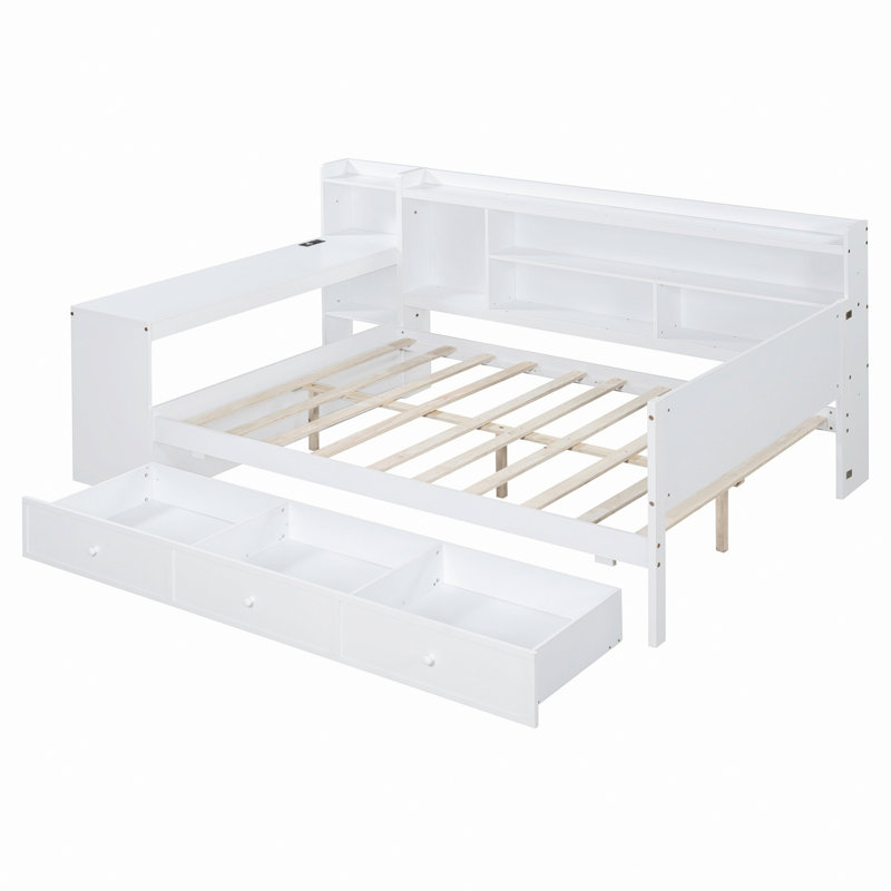 Lit de jour en bois avec 3 tiroirs, ports USB et bureau, Complet/Double, Blanc