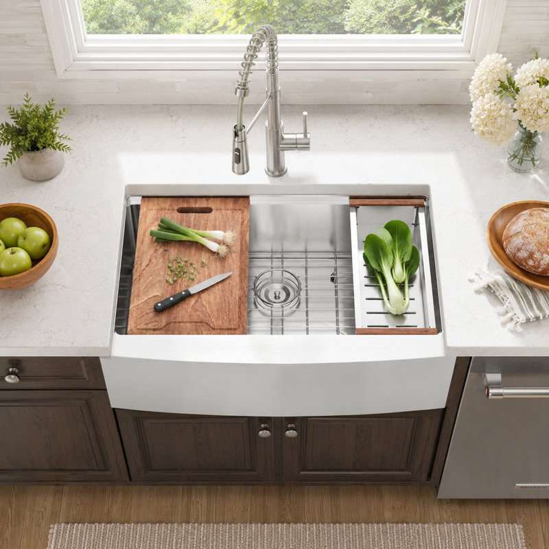 30'' L x 22'' W Farmhouse Workstation Kitchen Sink, Stainless Steel Single Bowl Sink with Bottom Gird, Strainer, Roll-up Rack, Colander and Cutting Board