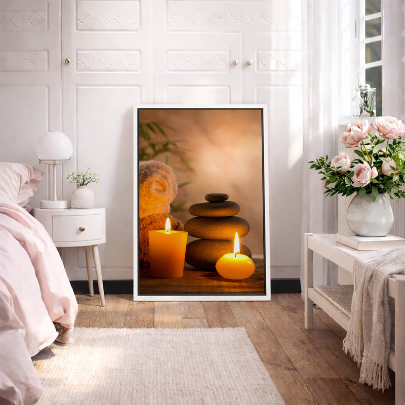 «Zen Stones Massage Spa with Warm Burning Candle», impression verticale sur toile, art mural, H 24 po x l 16 po