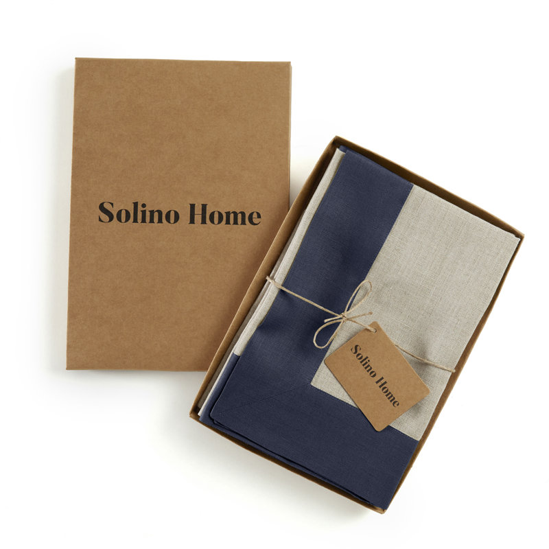 Navy and Natural Linen Square Dinner Napkins Set of 4