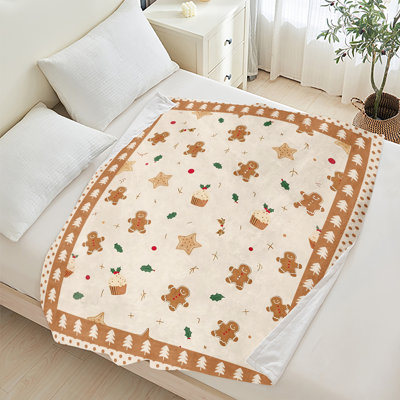 Plaid en flanelle polaire JYK pour Noël, léger, respirant, doux et chaud en microfibre pelucheuse, 127 x 152 cm, bordure cupcakes en pain d'épices